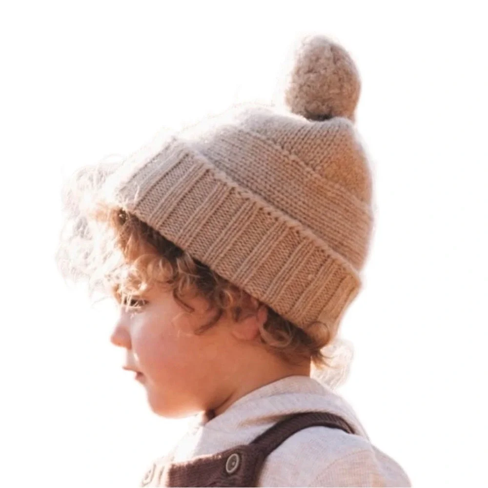 Will+Bear Tasman Fawn Kids Beanie 100% Australian Wool Pom Pom Hat Tan cozy new
